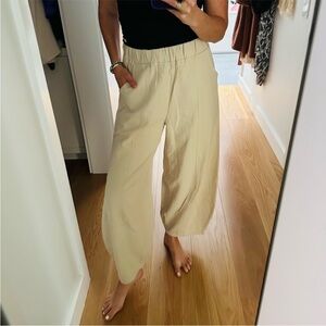 IXIMO beige 100% Linen Pants Wide Leg Natural Breathable Lagenlook Elastic Waist